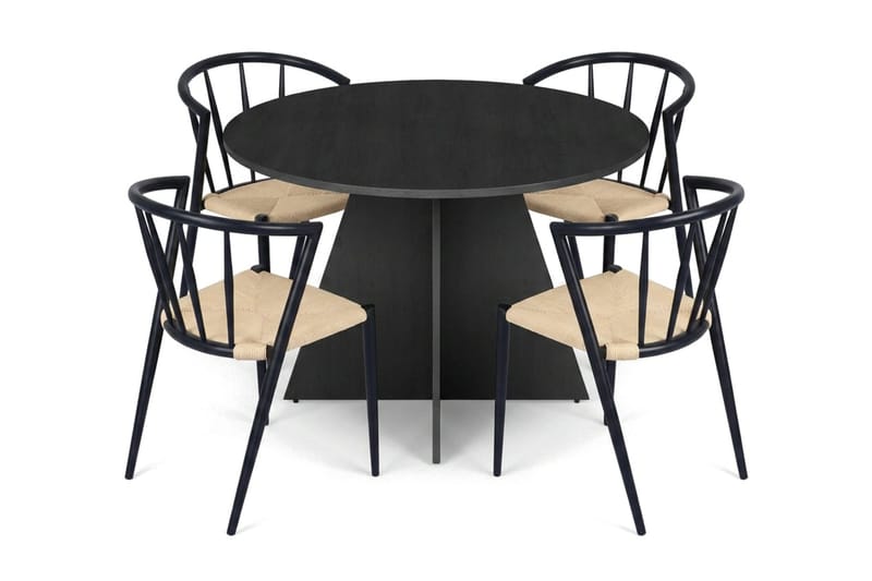 Vera spisegruppe rund 110 cm sort med 4 Winston spisebordsstole - Sort - Møbler - Borde - Spisebordssæt
