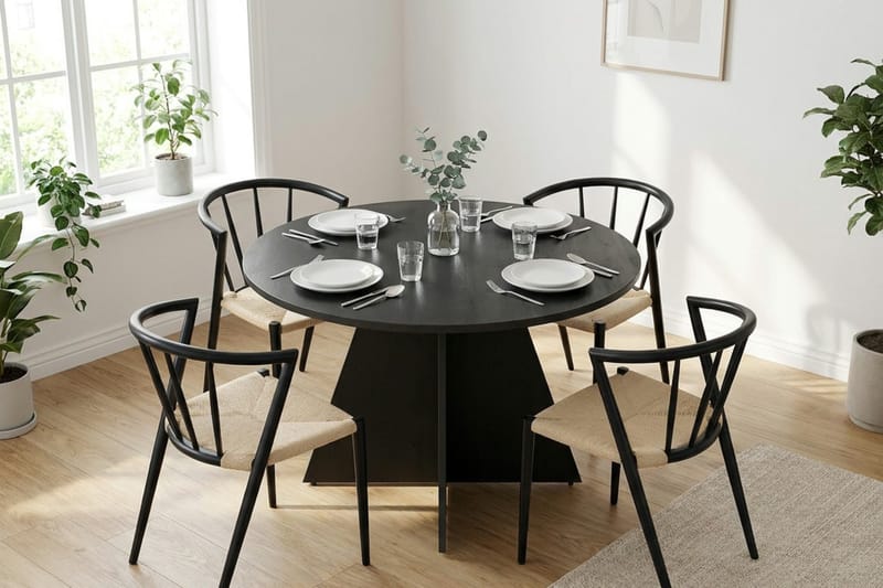 Vera spisegruppe rund 110 cm sort med 4 Winston spisebordsstole - Sort - Møbler - Borde - Spisebordssæt
