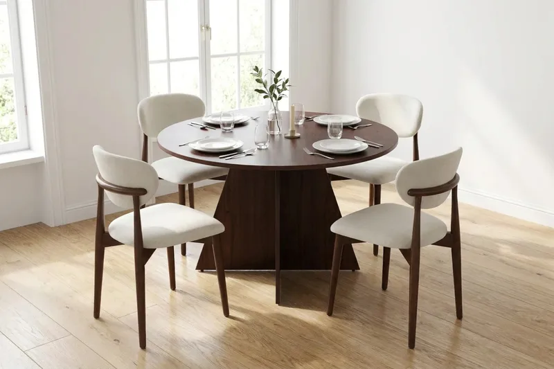 Vera spisegruppe rund 110 cm valnød med 4 Molly spisestole - Valnød - Møbler - Borde - Spisebordssæt