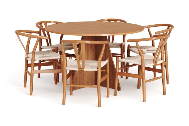 Vera spisegruppe rund 130 cm eg med 6 Dastoori spisebordsstole, Eg
