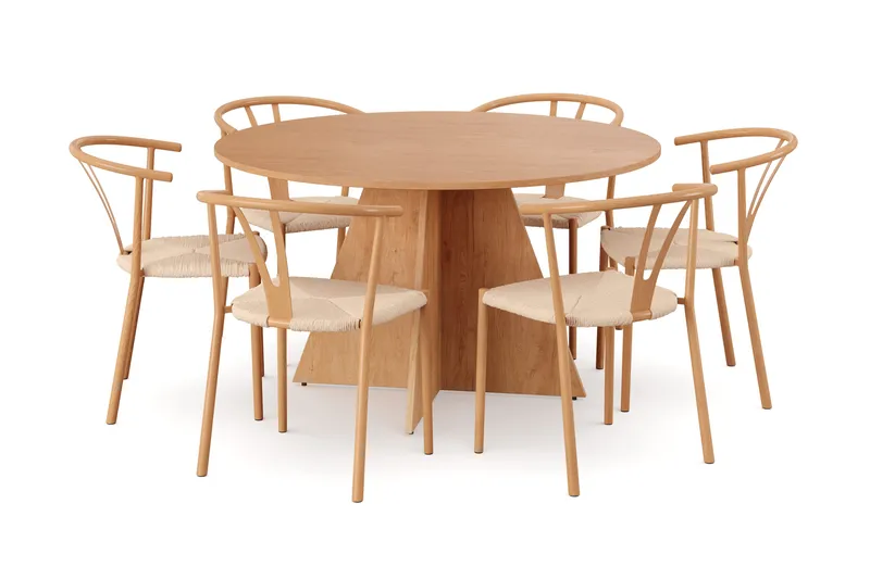 Vera spisegruppe rund 130 cm eg med 6 Elysia spisebordsstole, Eg