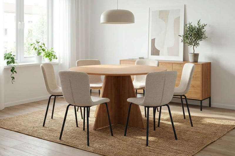 Vera spisegruppe rund 130 cm eg med 6 Katy spisebordsstole - Eg - Møbler - Borde - Spisebordssæt
