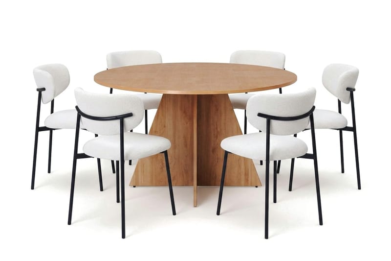 Vera spisegruppe rund 130 cm eg med 6 Lucy spisebordsstole, Eg