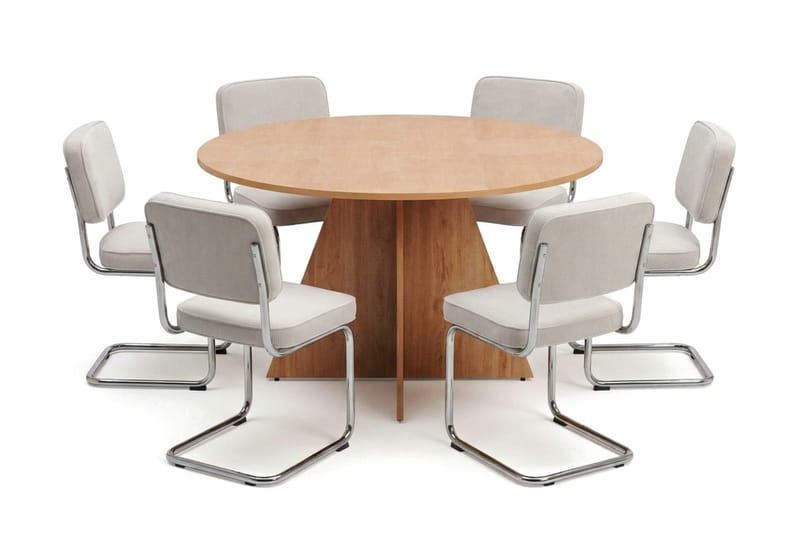 Vera spisegruppe rund 130 cm eg med 6 Milva spisestole, Eg