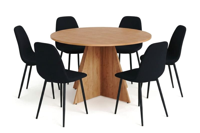 Vera spisegruppe rund 130 cm eg med 6 Nibe spisebordsstole, Eg