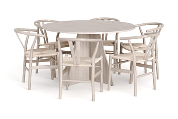 Vera spisegruppe rund 130 cm hvidlaseret med 6 Dastoori spisebordsstole