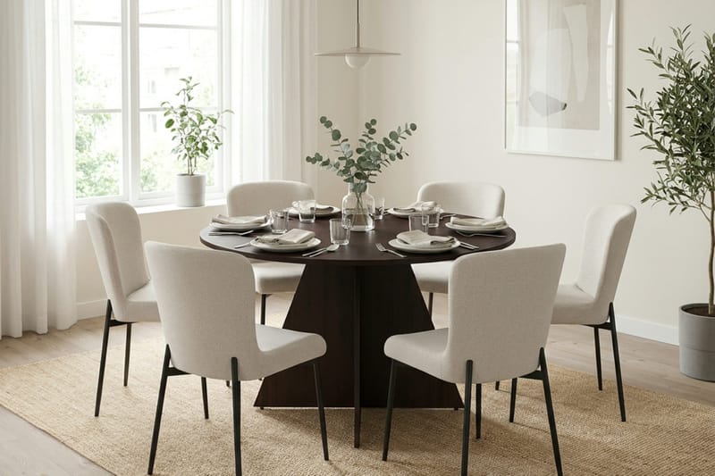 Vera spisegruppe rund 130 cm røget eg med 6 Elsie spisestole - Røget eg/Hvid - Møbler - Borde - Spisebordssæt
