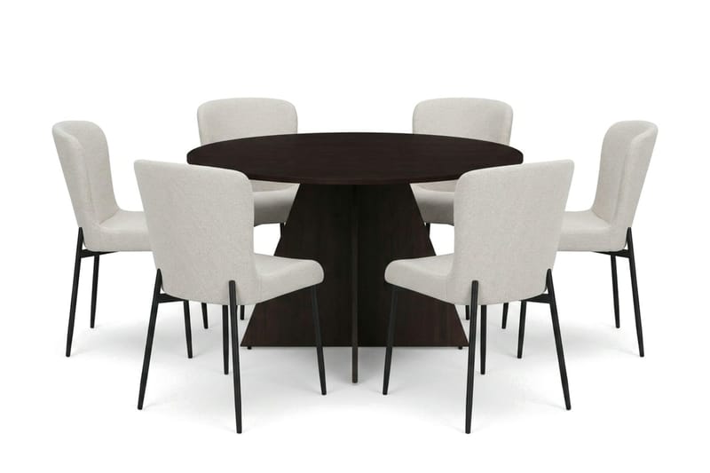 Vera spisegruppe rund 130 cm røget eg med 6 Elsie spisestole, Røget eg/Hvid