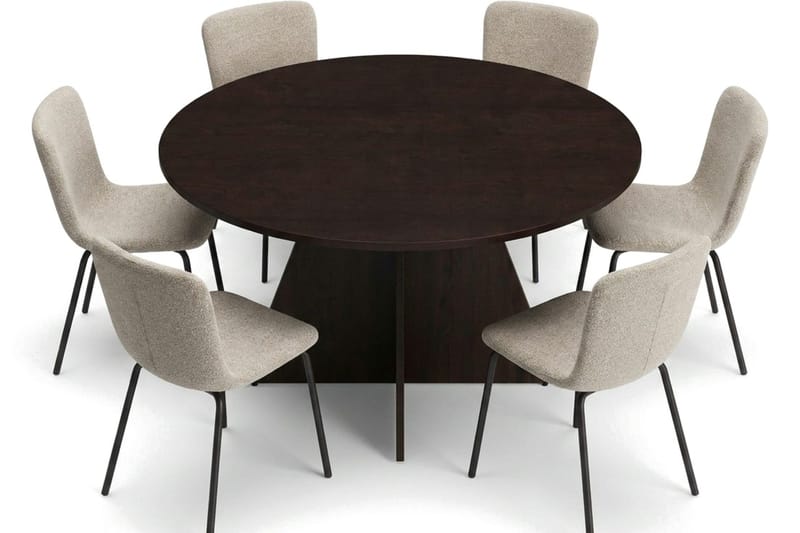 Vera spisegruppe rund 130 cm røget eg med 6 Katy spisebordsstole, Røget eg