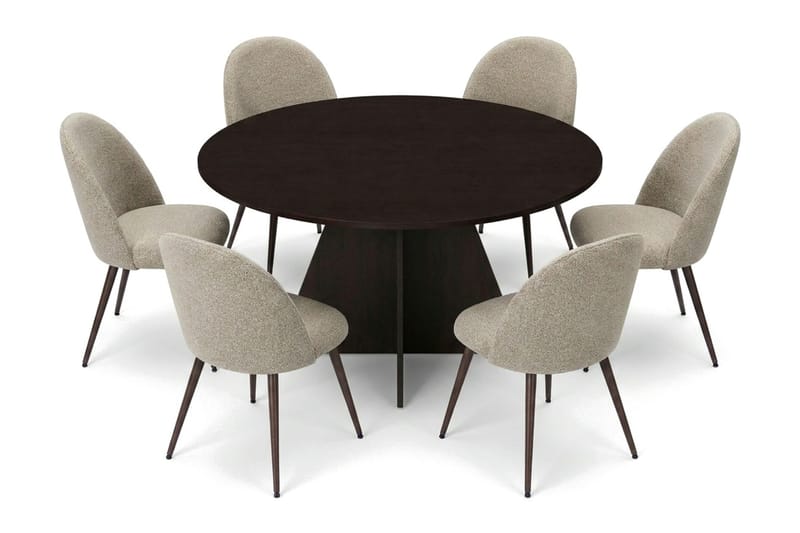 Vera spisegruppe rund 130 cm røget eg med 6 Mora spisebordsstole, Røget eg