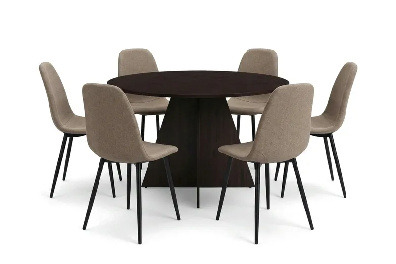 Vera spisegruppe rund 130 cm røget eg med 6 Nibe spisebordsstole, Røget eg
