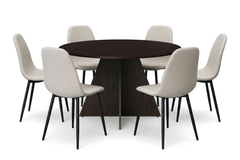 Vera spisegruppe rund 130 cm røget eg med 6 Nibe spisebordsstole, Røget eg