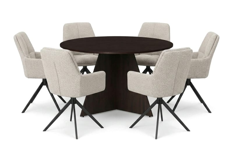 Vera spisegruppe rund 130 cm røget eg med 6 Torsby spisebordsstole, Røget eg