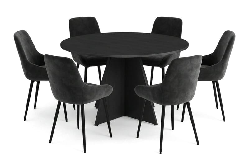 Vera spisegruppe rund 130 cm sort med 6 Alsarp spisebordsstole, Sort
