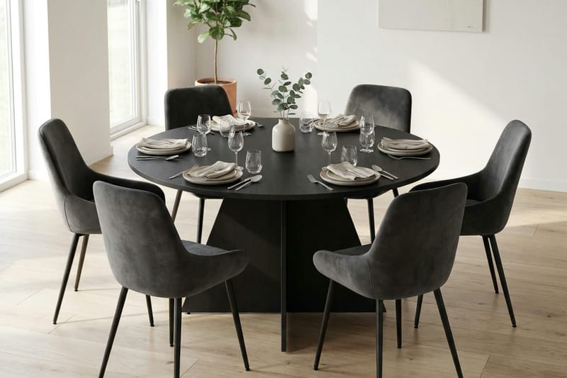 Vera spisegruppe rund 130 cm sort med 6 Alsarp spisebordsstole - Sort - Møbler - Borde - Spisebordssæt