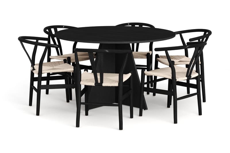Vera spisegruppe rund 130 cm sort med 6 Dastoori spisebordsstole, Sort