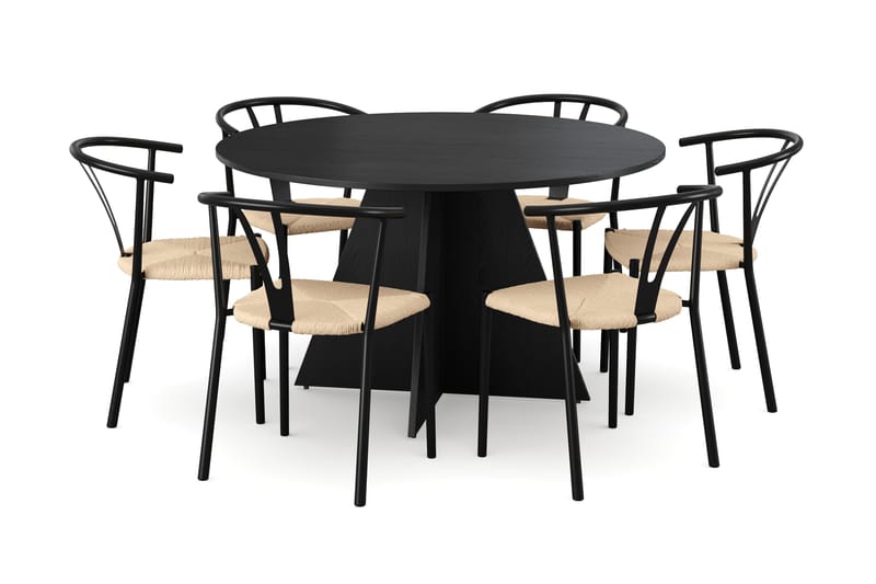 Vera spisegruppe rund 130 cm sort med 6 Elysia spisebordsstole, Sortbejdset eg