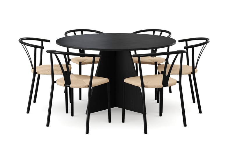 Vera spisegruppe rund 130 cm sort med 6 Elysia spisebordsstole - Sortbejdset eg - Møbler - Borde - Spisebordssæt