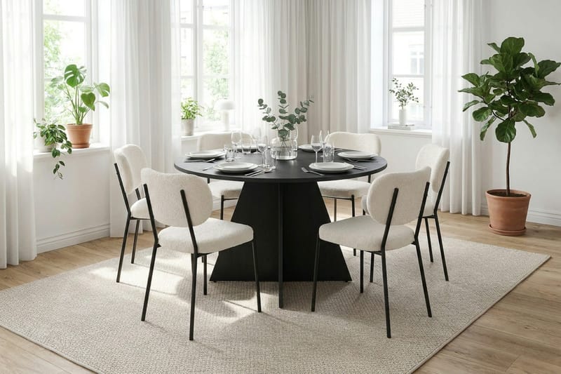 Vera spisegruppe rund 130 cm sort med 6 Gemmiano spisebordsstole - Sortbejdset eg - Møbler - Borde - Spisebordssæt