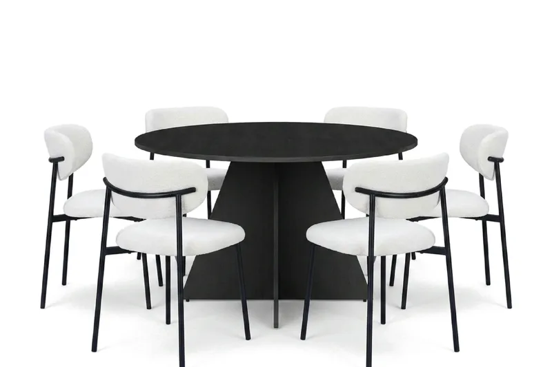Vera spisegruppe rund 130 cm sort med 6 Lucy spisebordsstole, Sortbejdset eg