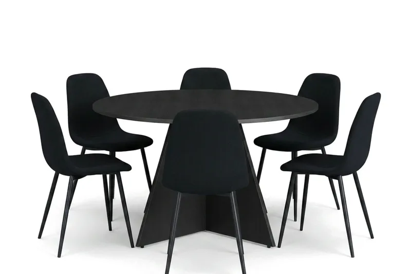 Vera spisegruppe rund 130 cm sort med 6 Nibe spisebordsstole, Sort