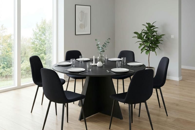 Vera spisegruppe rund 130 cm sort med 6 Nibe spisebordsstole - Sort - Møbler - Borde - Spisebordssæt