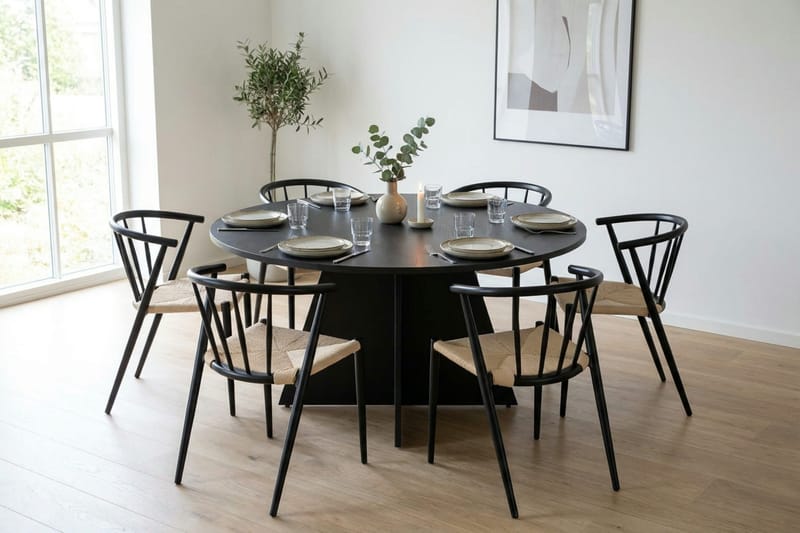 Vera spisegruppe rund 130 cm sort med 6 Winston spisebordsstole - Sort - Møbler - Borde - Spisebordssæt