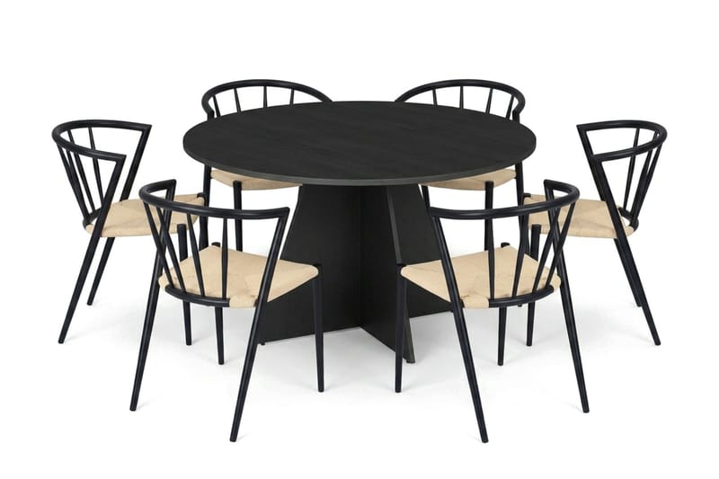 Vera spisegruppe rund 130 cm sort med 6 Winston spisebordsstole - Sort - Møbler - Borde - Spisebordssæt