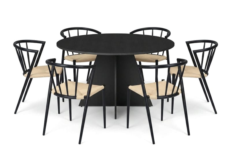 Vera spisegruppe rund 130 cm sort med 6 Winston spisebordsstole, Sort
