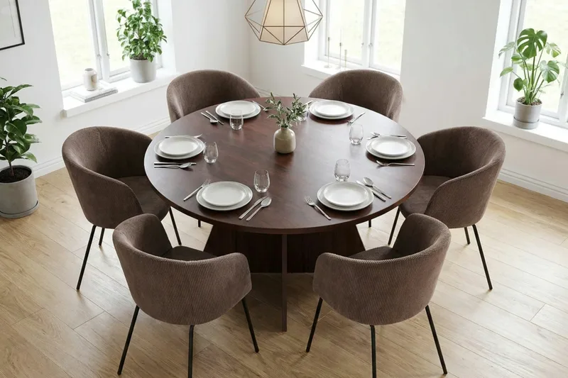 Vera spisegruppe rund 130 cm valnød med 6 Berit spisebordsstole - Valnød - Møbler - Borde - Spisebordssæt