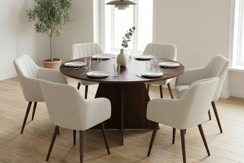 Vera spisegruppe rund 130 cm valnød med 6 Filippa spisebordsstole - Valnød - Møbler - Borde - Spisebordssæt