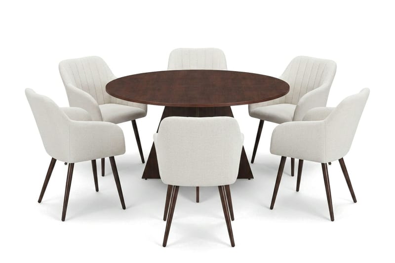 Vera spisegruppe rund 130 cm valnød med 6 Filippa spisebordsstole, Valnød