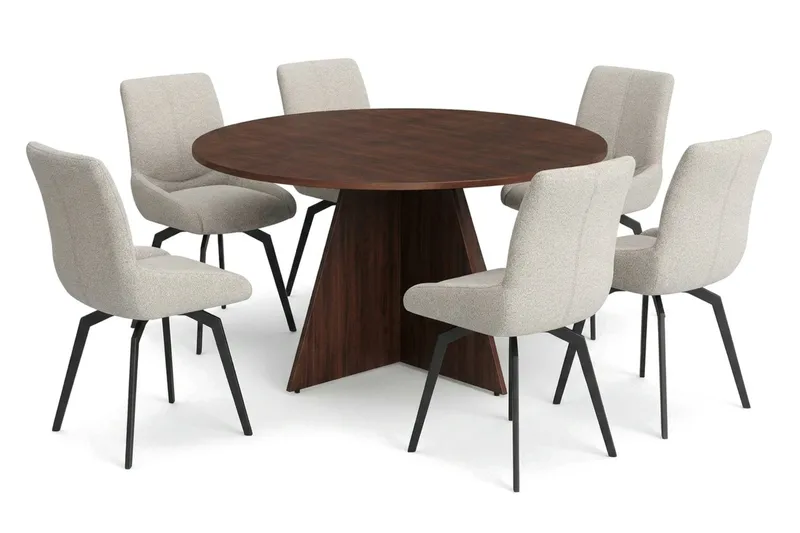 Vera spisegruppe rund 130 cm valnød med 6 Mora spisebordsstole, Valnød