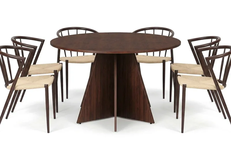 Vera spisegruppe rund 130 cm valnød med 6 Winston spisebordsstole, Valnød