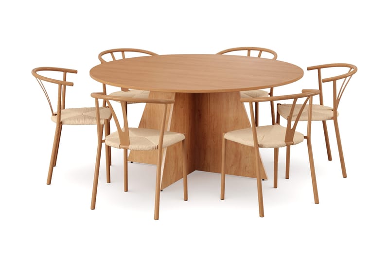Vera spisegruppe rund 150 cm eg med 6 Elysia spisebordsstole, Eg