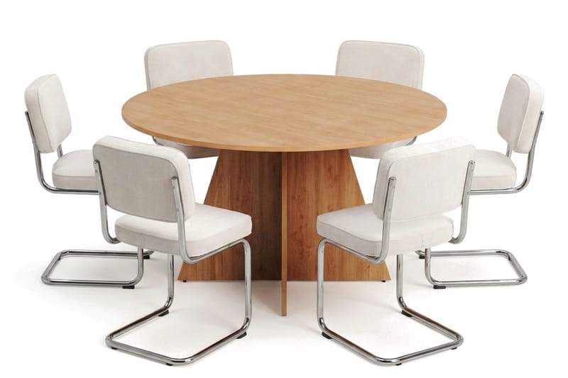 Vera spisegruppe rund 150 cm eg med 6 Milva spisebordsstole, Eg