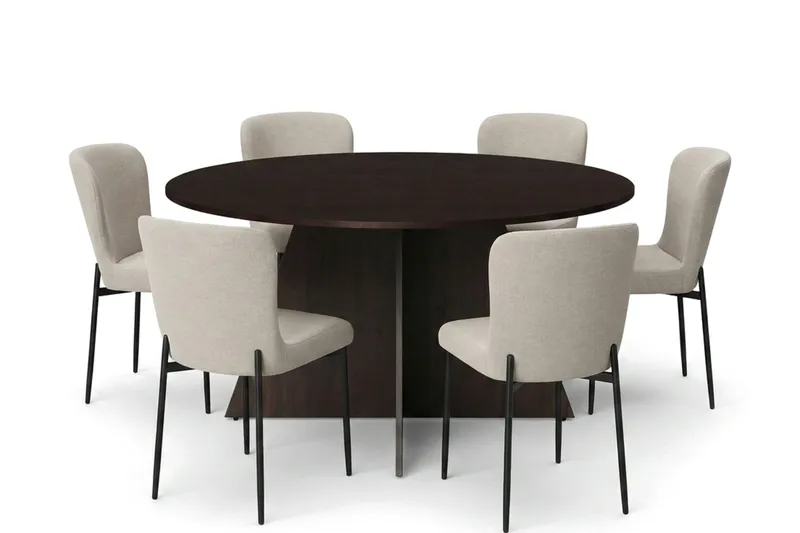 Vera spisegruppe rund 150 cm røget eg med 6 Elsie spisestole, Røget eg/Beige