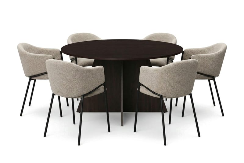 Vera spisegruppe rund 150 cm røget eg med 6 Filip-spisestole, Røget eg
