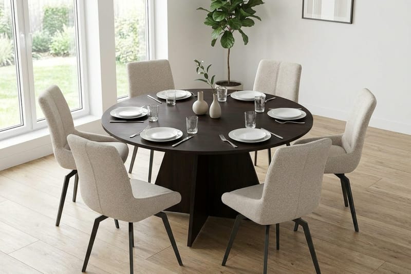 Vera spisegruppe rund 150 cm røget eg med 6 Mora-spisestole - Røget eg - Møbler - Borde - Spisebordssæt