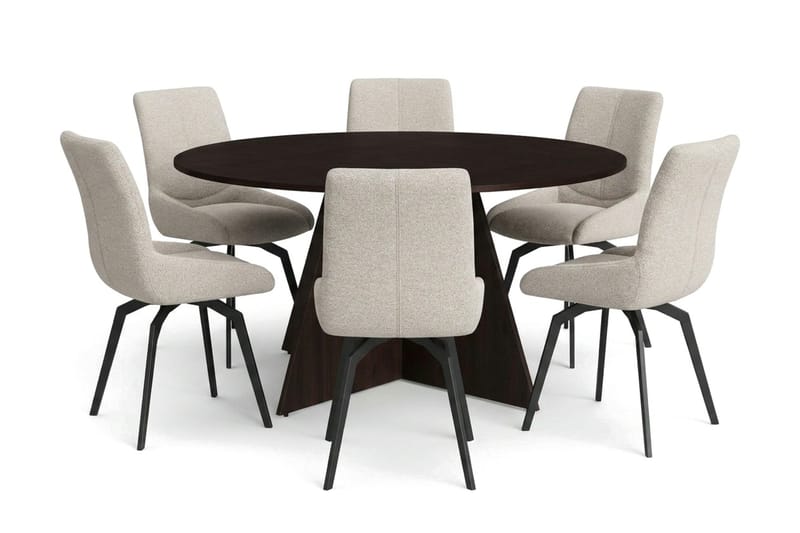 Vera spisegruppe rund 150 cm røget eg med 6 Mora-spisestole, Røget eg