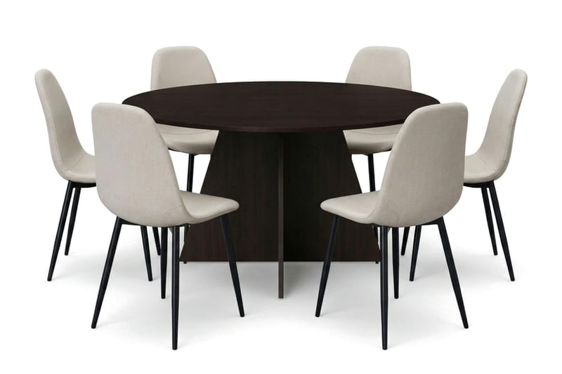 Vera spisegruppe rund 150 cm røget eg med 6 Nibe-spisestole, Røget eg