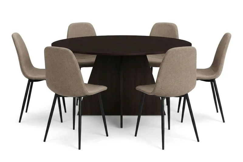 Vera spisegruppe rund 150 cm røget eg med 6 Nibe-spisestole, Røget eg