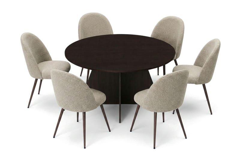 Vera spisegruppe rund 150 cm røget eg med 6 Nibe Plus-spisestole, Røget eg