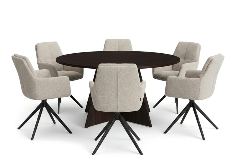 Vera spisegruppe rund 150 cm røget eg med 6 Torsby-spisestole, Røget eg