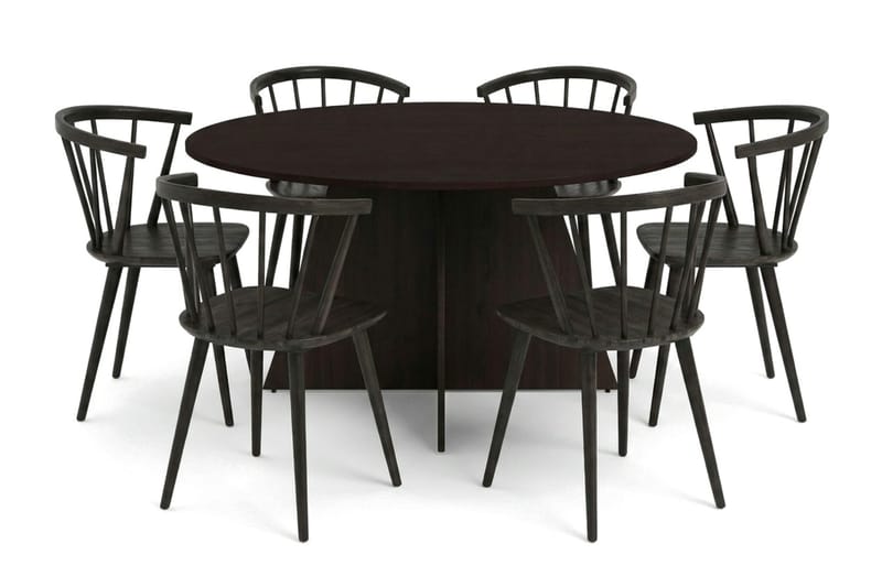 Vera spisegruppe rund 150 cm røget eg med 6 Tyrö-spisestole, Røget eg