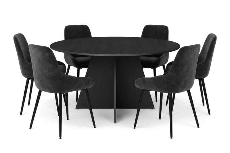 Vera spisegruppe rund 150 cm sort med 6 Alsarp-spisestole, Sort