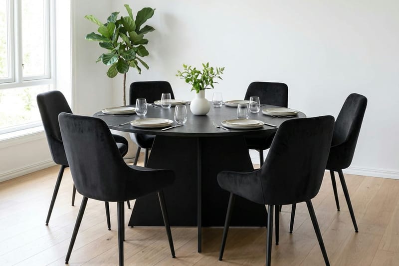 Vera spisegruppe rund 150 cm sort med 6 Alsarp-spisestole - Sort - Møbler - Borde - Spisebordssæt