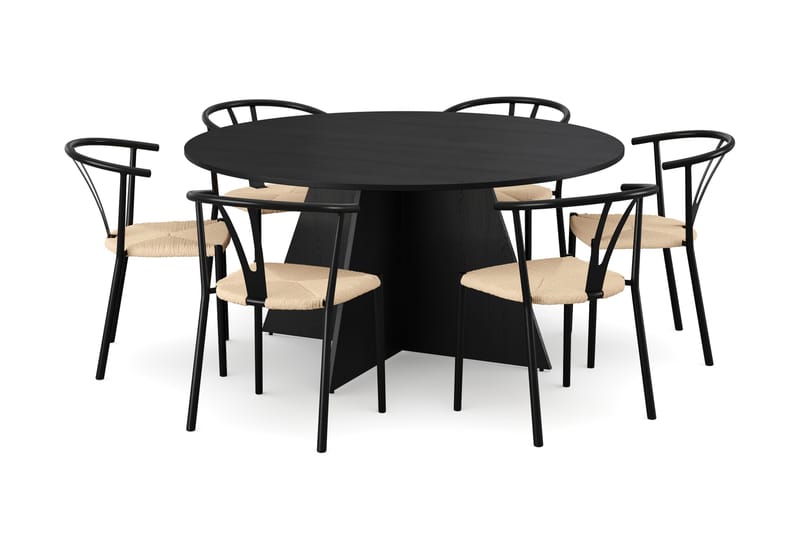 Vera spisegruppe rund 150 cm sort med 6 Elysia spisebordsstole, Sortbejdset eg