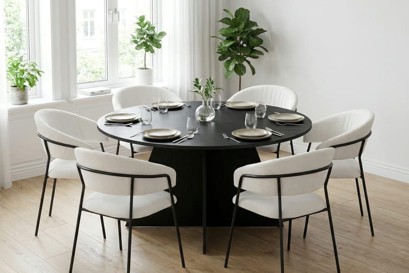 Vera spisegruppe rund 150 cm sort med 6 Karol-spisestole - Sort - Møbler - Borde - Spisebordssæt