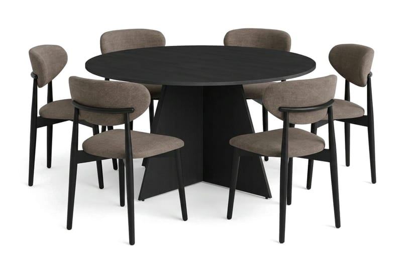 Vera spisegruppe rund 150 cm sort med 6 Molly spisebordsstole, Sortbejdset eg